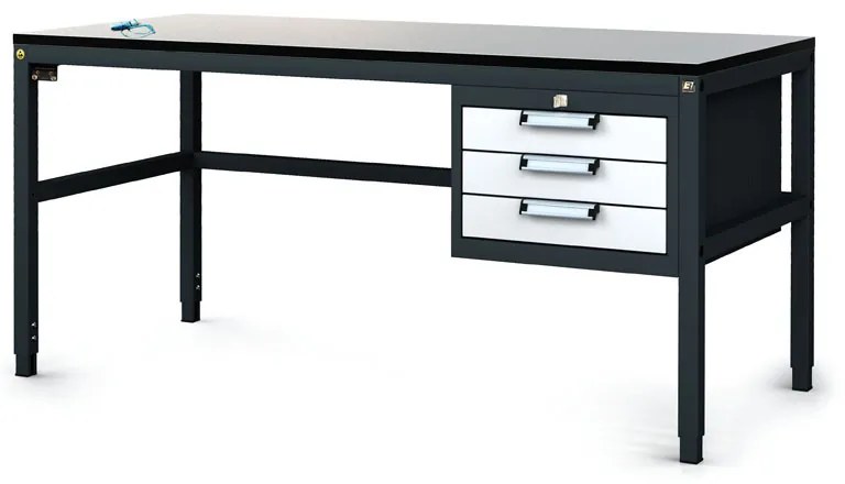 Antistatický dielenský ESD stôl, 3 zásuvkový box na náradie, 1600x800x745-985 mm
