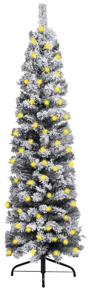 Úzky vianočný stromček s LED a chumáčmi snehu zelený 210 cm PVC 3077757