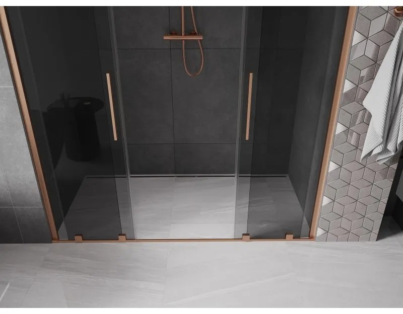 Mexen Velar Duo, posuvné sprchové dvere do otvoru 200 cm, 8mm šedé sklo, medená matná, 871-200-000-42-65