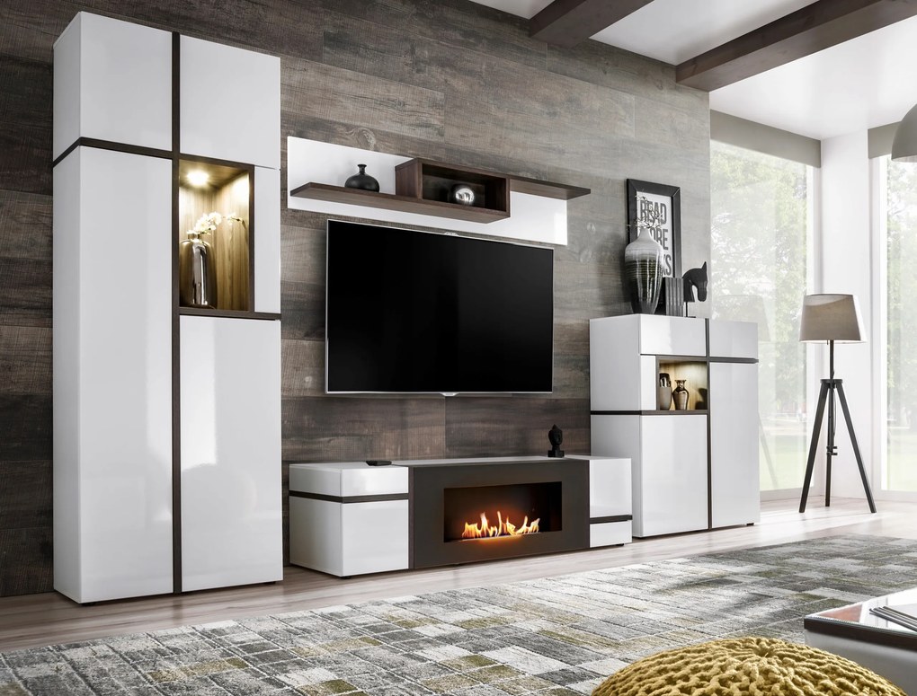 Obývacia stena Carlyn Pew Cs-k (biela/brest perlový) (osvetlenie/bio krb)