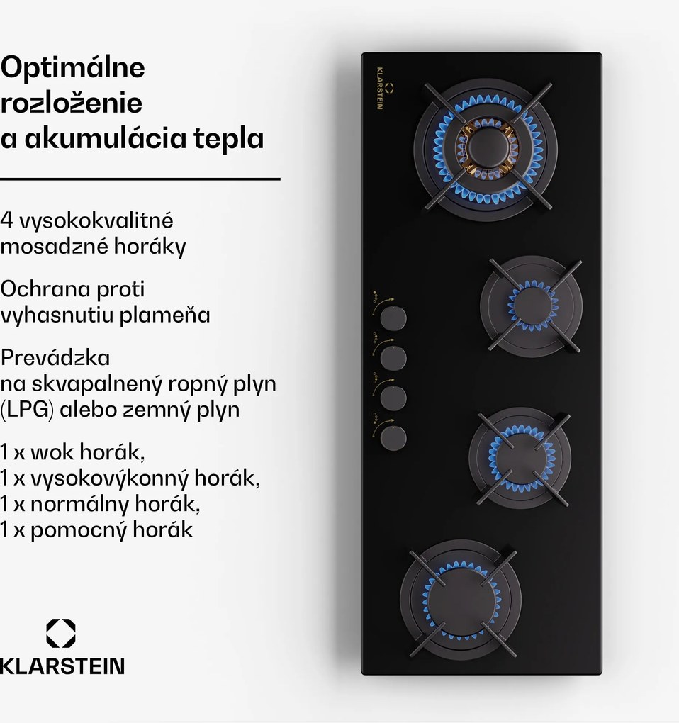 Klarstein Goldflame 4 Slim, plynová varná doska, 4 horáky, sebestačná, zemný plyn/propán, nehrdzavejúca oceľ