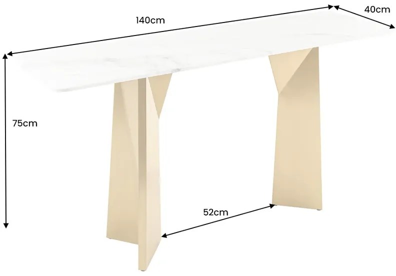 Konzola EXTRAVAGANCIA 140 cm s nohami v šampansko-zlatej farbe s bielou mramorovou doskou