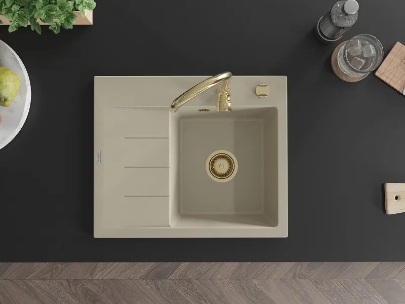 Mexen Ben jednodrezový žulový drez s odkvapkávacou plochou, pravý 600 x 500 mm, béžový, zlatý sifón - 6523605000-69-G