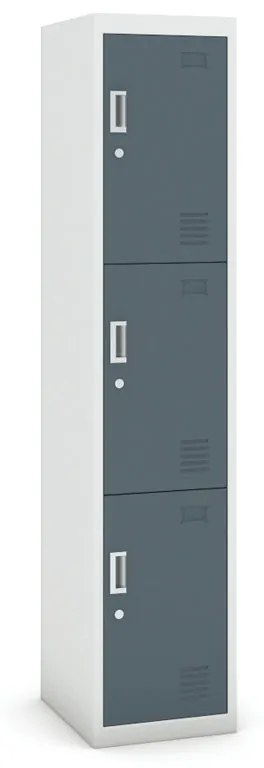 Šatníková skrinka s úložnými boxami, 3 boxy, 1800 x 380 x 450 mm, cylindrický zámok, sivá/tmavosivá