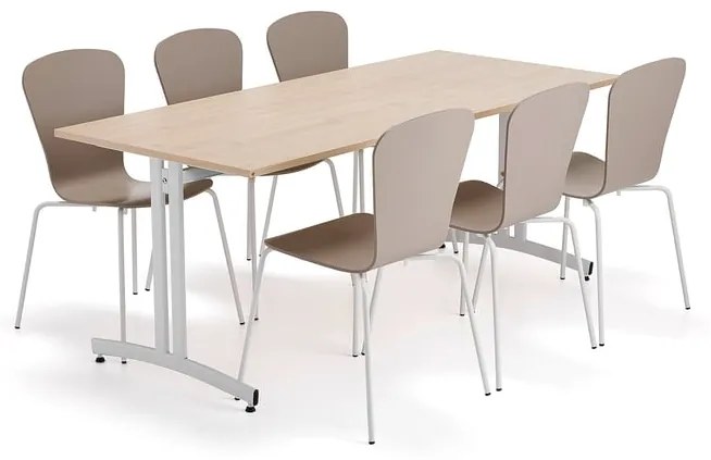 Zostava nábytku SANNA + MILLA, 1 stôl, 6 stoličiek, biela/ílová šedá