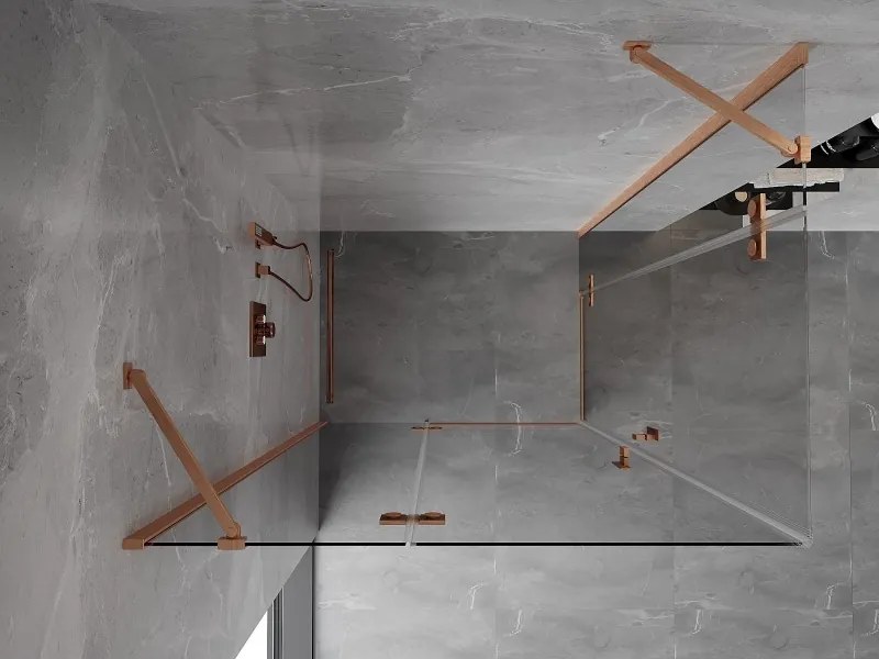 Mexen Mist-H Duo, 2-krídlový výklopný sprchový kút 95 x 70 cm, číre sklo, medený matný profil, 8A5-095L-070P-65-00