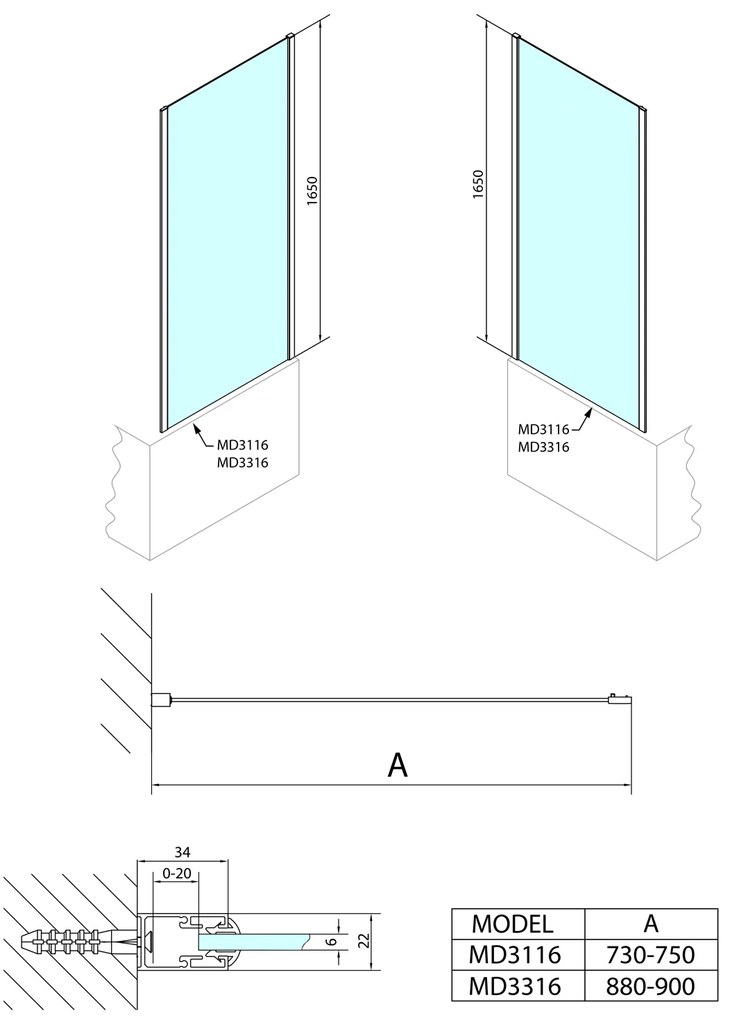 Polysan Polysan, DEEP sprchová bočná stena 750x1650mm, číre sklo, MD3116