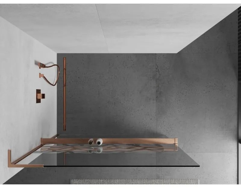 Mexen Kioto+ L, sprchová zástena Walk-In s poličkou a vešiakom 80 x 200 cm, 8mm číre sklo biely vzor, medený matný profil, 800-080-123-65-85