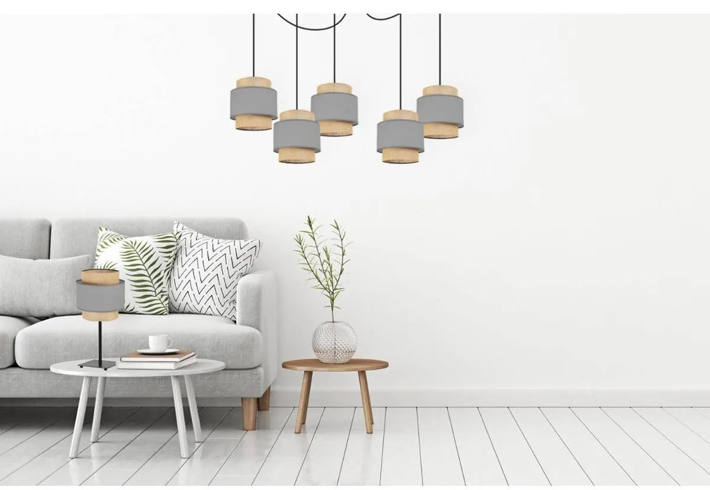 Stolná lampa Boho, 1x jutové/sivé textilné tienidlo