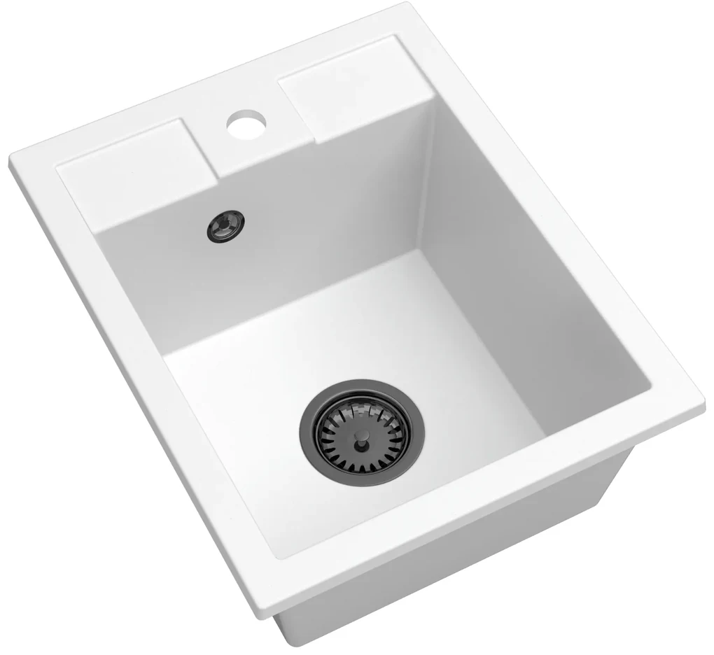 Sink Quality Ferrum 40, kuchynský granitový drez 400x500x195 mm + čierny sifón, biela, SKQ-FER.W.1K40.XB
