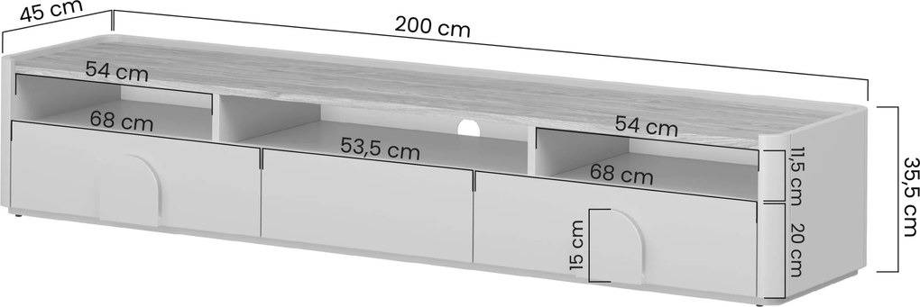 TV skrinka so zásuvkami Amilio 200 cm - kašmír / olejovaný dub / úchytky svetlý dub
