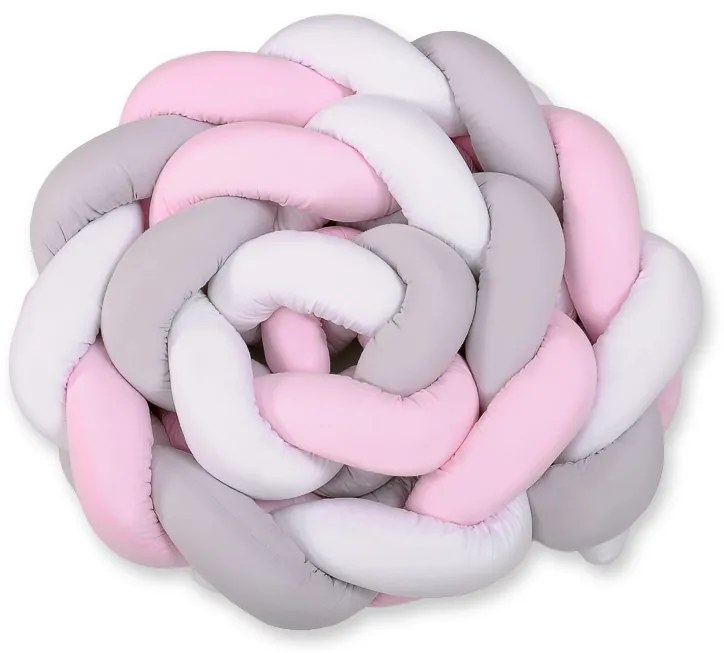 Bavlnený pletený mantinel - vrkoč XXL - bielo-sivo-ružový