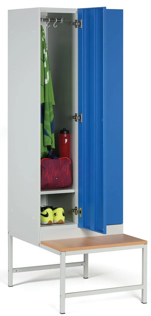 Šatníková skrinka s lavičkou, 2 oddiely, 1875 x 600 x 500/800 mm, demont, zámok s čítačkou RFID kariet, laminované dvere, biela