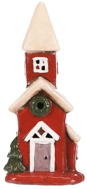 Vianočná dekorácia domček s vežičkou, LED, červená, keramika