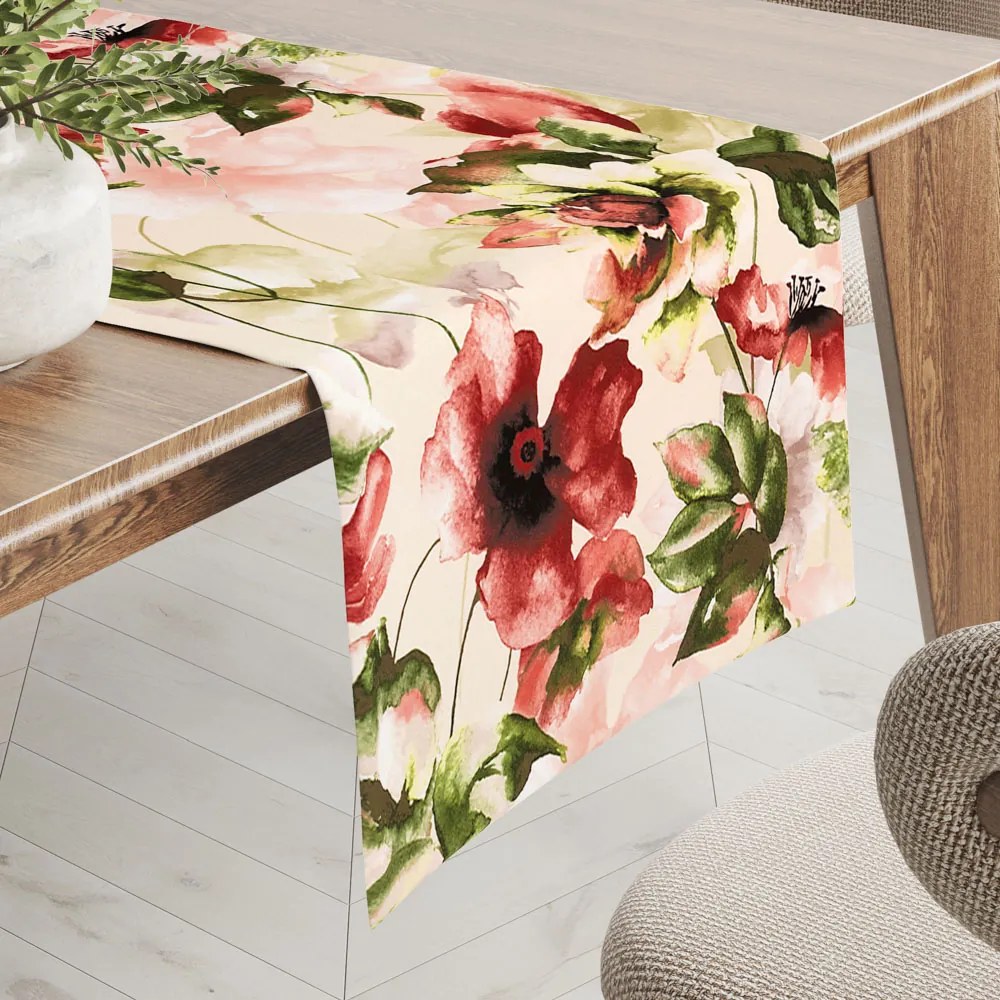 Biante Zamatový behúň na stôl Tamara TMR-051 Abstraktné červené kvety na žltobéžovom 45x160 cm