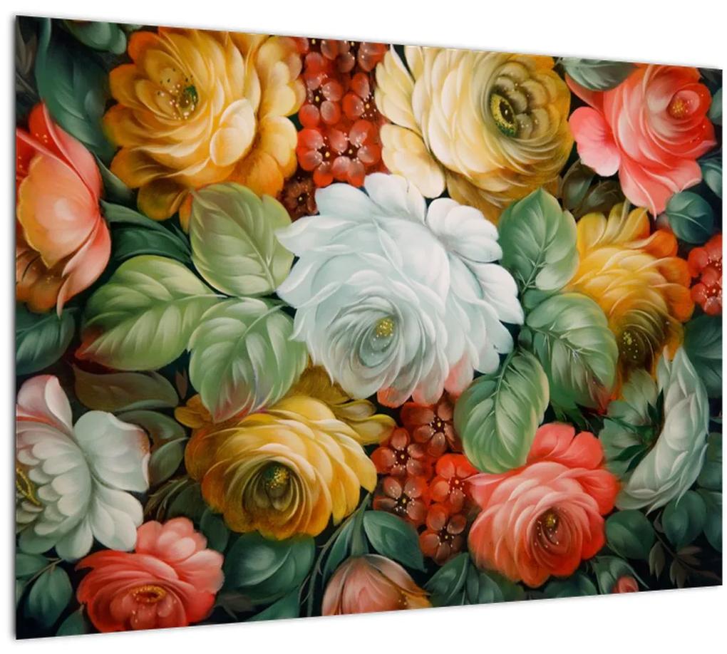 Sklenený obraz maľovanej kytice kvetov (70x50 cm)