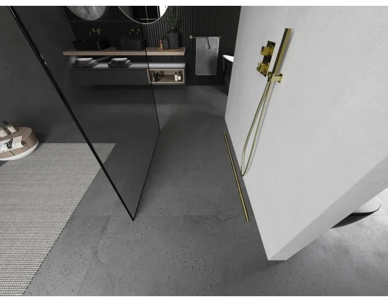 Mexen Kioto, sprchová zástena Walk-In 130 x 200 cm, 8mm sklo čierny vzor, zlatý matný profil, 800-130-002-55-70