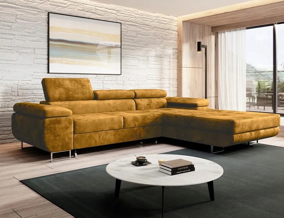 Komfortný pravý rozkladací rohovník Norberg s horčicami na pružinách.