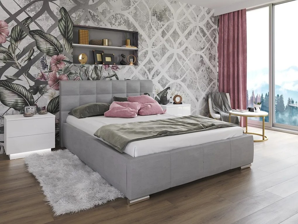 LARA 160X200 ČALÚNENÁ MANŽELSKÁ POSTEĽ SVETLO ŠEDÁ ZAMATOVÁ LÁTKA S ÚLOŽNÝM PRIESTOROM