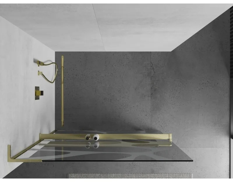Mexen Kioto+ L, sprchová zástena Walk-In s poličkou a vešiakom 120 x 200 cm, 8mm číre sklo biely vzor, zlatý matný profil, 800-120-123-55-97