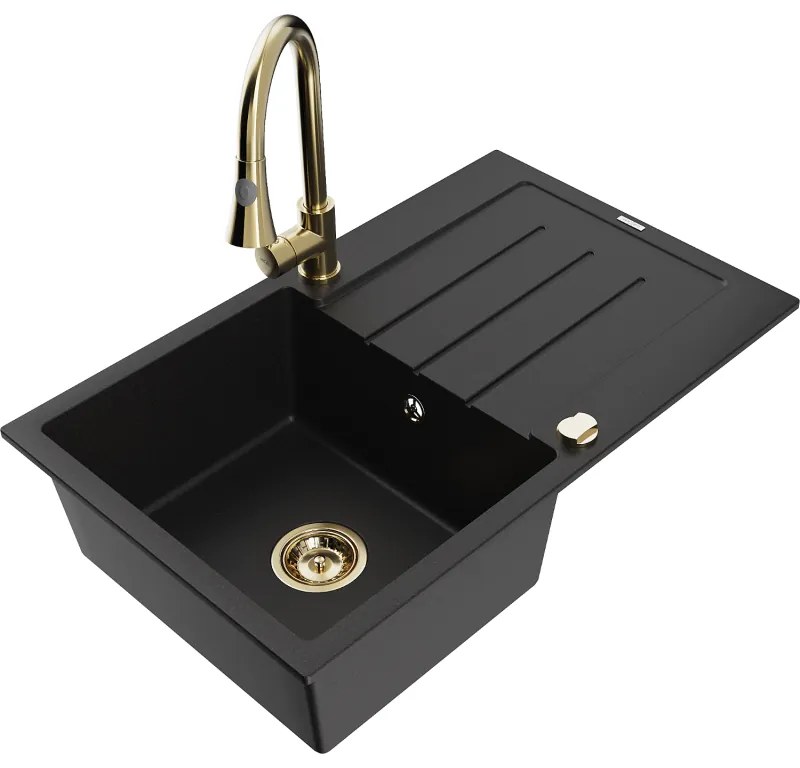 Mexen Bruno, 1-komorový granitový drez 795x495x200 mm a drezová batéria Elia, čierna, 6513-77-670101-50