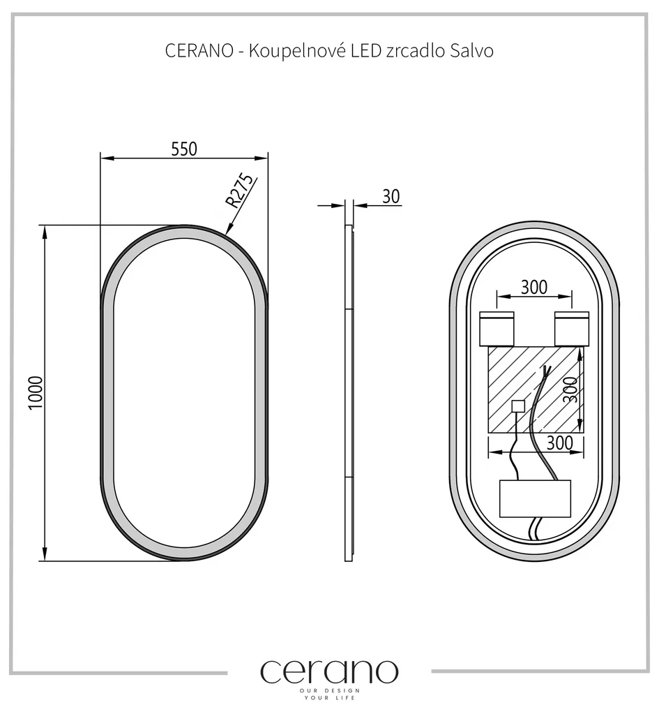 Cerano Salvo, LED kúpeľňové 55x100 cm, kovový rám, čierna matná, CER-CER-NT8144C-55X100