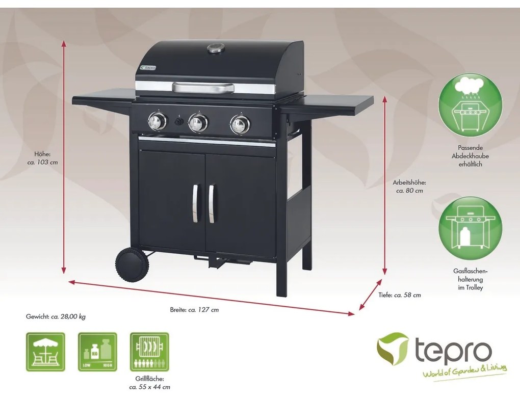 Tepro 3152 Plynový gril Mayfield 3, 3 horáky, 127 x 58 x 103 cm