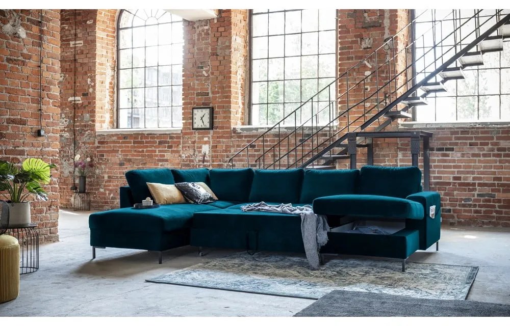 Zamatová rozkladacia rohová pohovka v petrolejovej farbe (ľavý roh) Lofty Lilly – Miuform