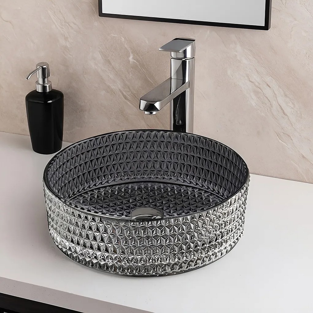 BPS-koupelny Sklenené umývadlo na dosku HYD-BRT1-BL-PL-360 36x12 cm, platina lesk