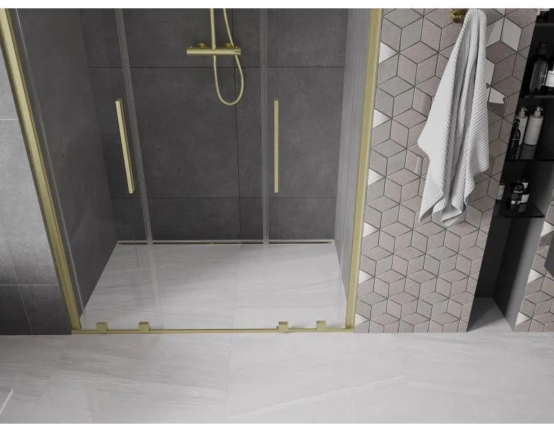 Mexen Velar L Duo, posuvné sprchové dvere do otvoru 160 cm, 8mm číre sklo, zlatá matná, 871-160-003-02-55