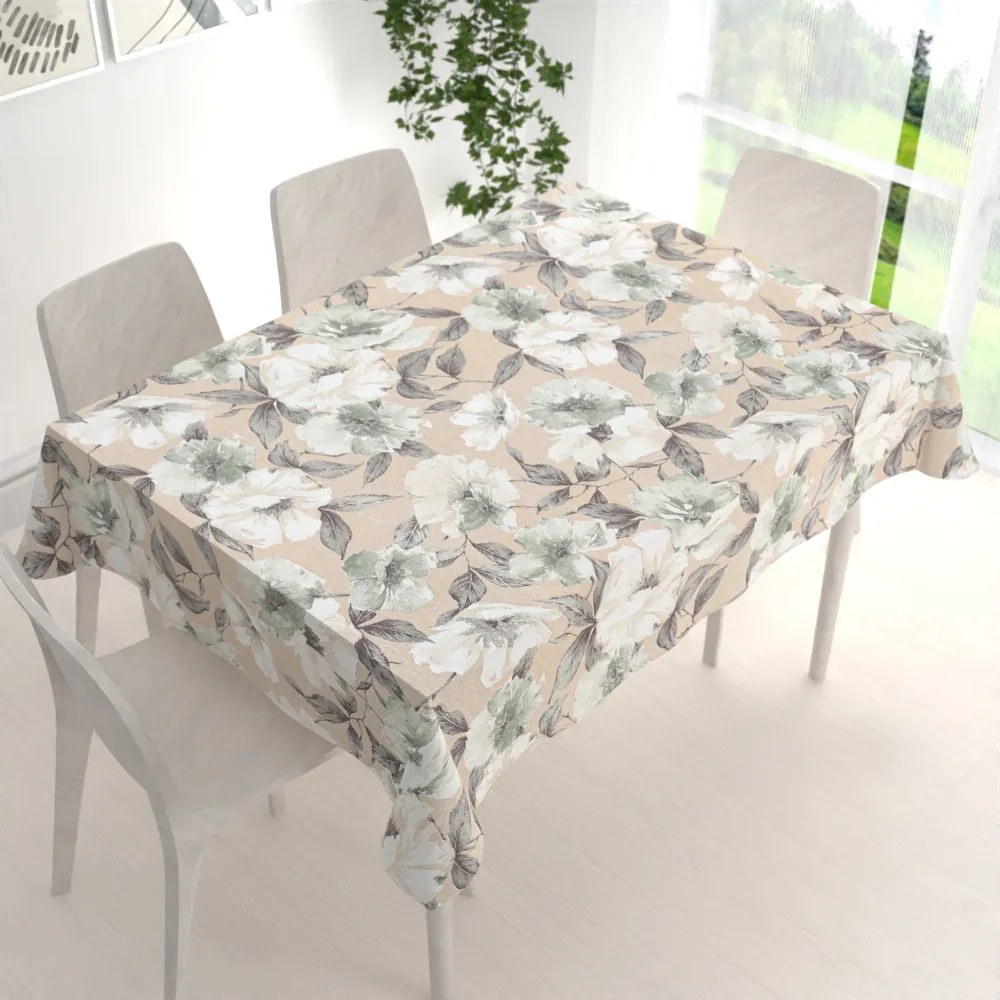 Biante Dekoračný obdĺžnikový obrus Porto PRT-012 Zeleno-biele kvety na béžovom 60x100 cm