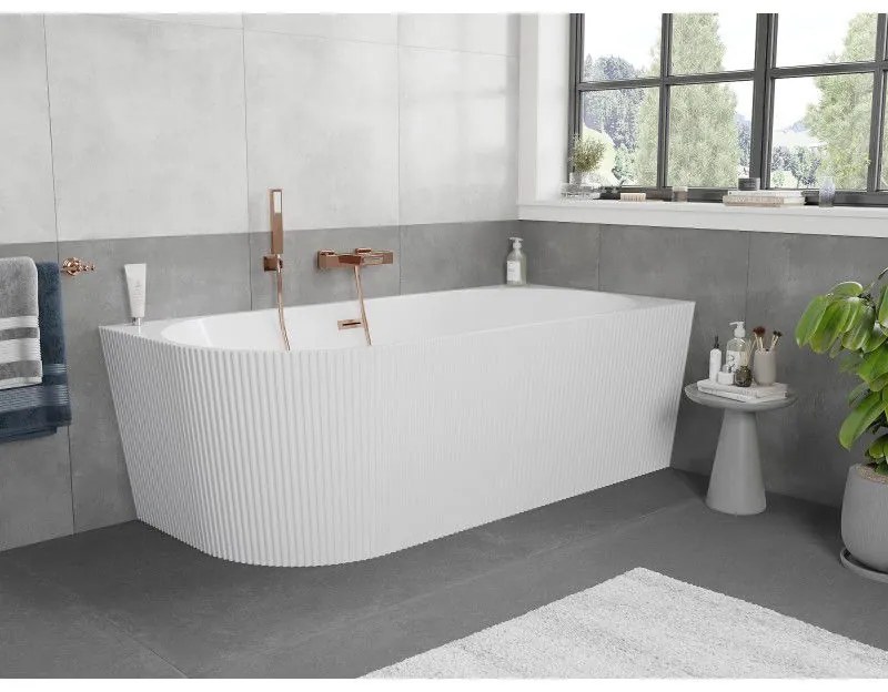 Mexen Silo, rohová voľne stojaca ryhovaná vaňa, pravá, 170 x 80 cm, biela lesklá, medený matný prepad, 52891708000P-65