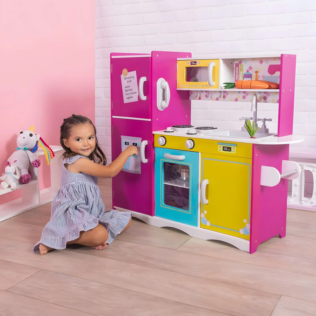 Veľká drevená kuchynka pre deti, farebná otváracia chladnička, rúra, mikrovlnka ECOTOYS
