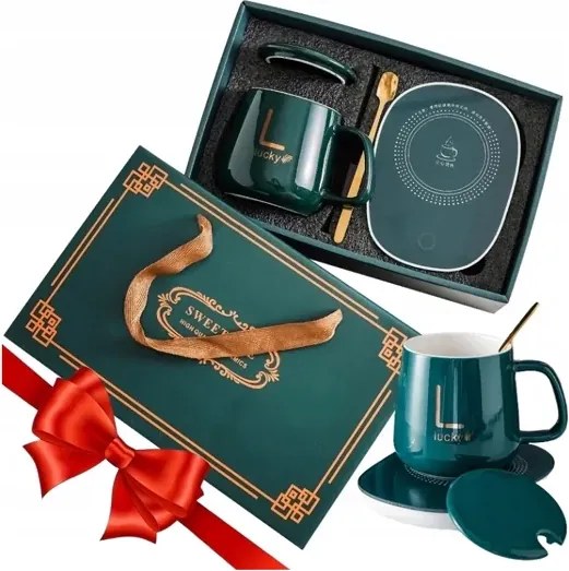 Sada keramického hrnčeka s elektrickým ohrievačom Lucky v darčekovom balení - green