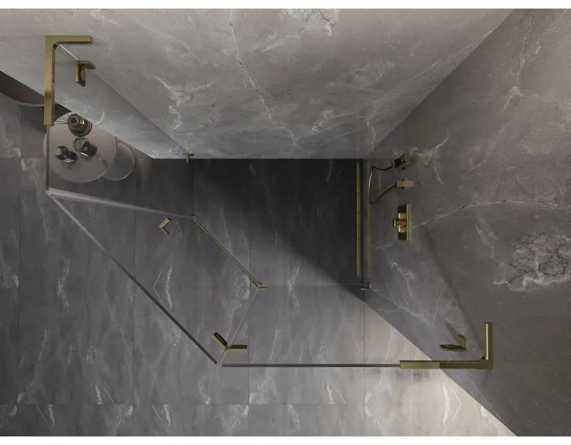 Mexen Lunar, L pravý výklopný päťuholníkový sprchový kút 90 x 80 cm, 8mm číre sklo, zlatý profil, 831L-090P-080L-50-00-P