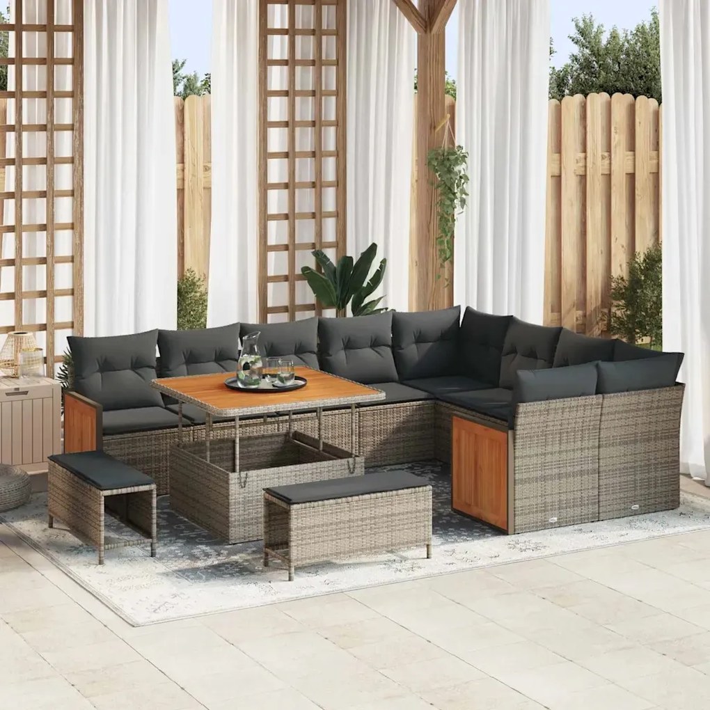 vidaXL 12-dielna súprava záhradných pohoviek so vankúšmi sivého poly ratanu