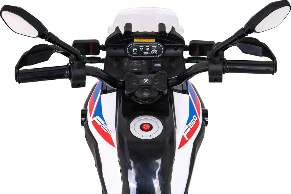Ramiz BMW F850 GS Detský motocykel na batérie biely + asistenčné kolesá + LED audio + pomalý štart + EVA
