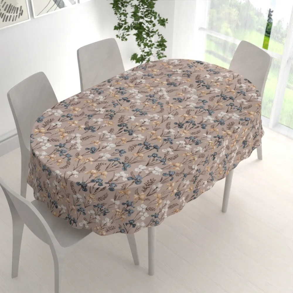 Biante Bavlnený oválny obrus Sandra SA-637 Modro-béžovo-biele kosatce na sivobéžovom 120x200 cm