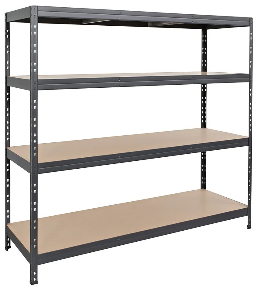 Bezskrutkový kovový regál RIVET, 180x180x60 cm, 4x HDF polica, antracitová sivá