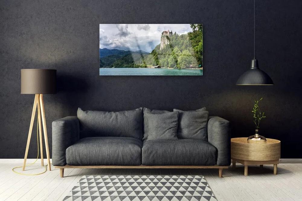 Skleneny obraz Zámok v horách les príroda 120x60 cm