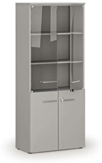 Kombinovaná kancelárska skriňa s drevenými a sklenenými dverami PRIMO GRAY, 1781 x 800 x 420 mm, sivá