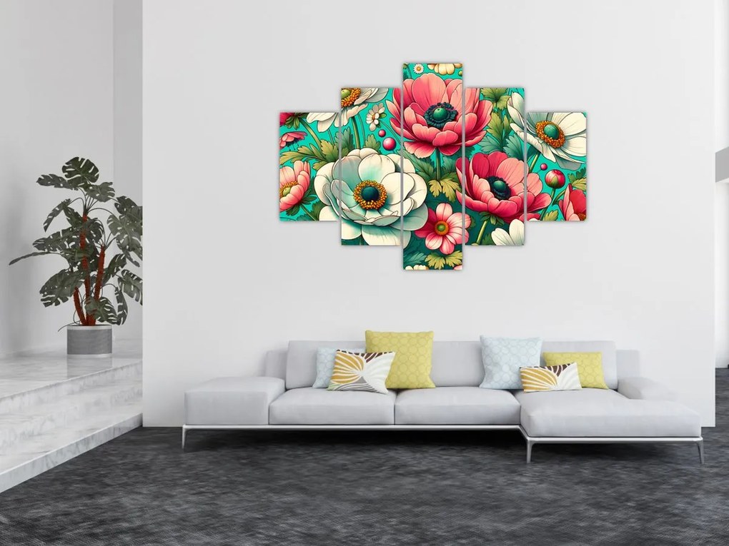 Obraz - Kvety na modrom pozadí (150x105 cm)