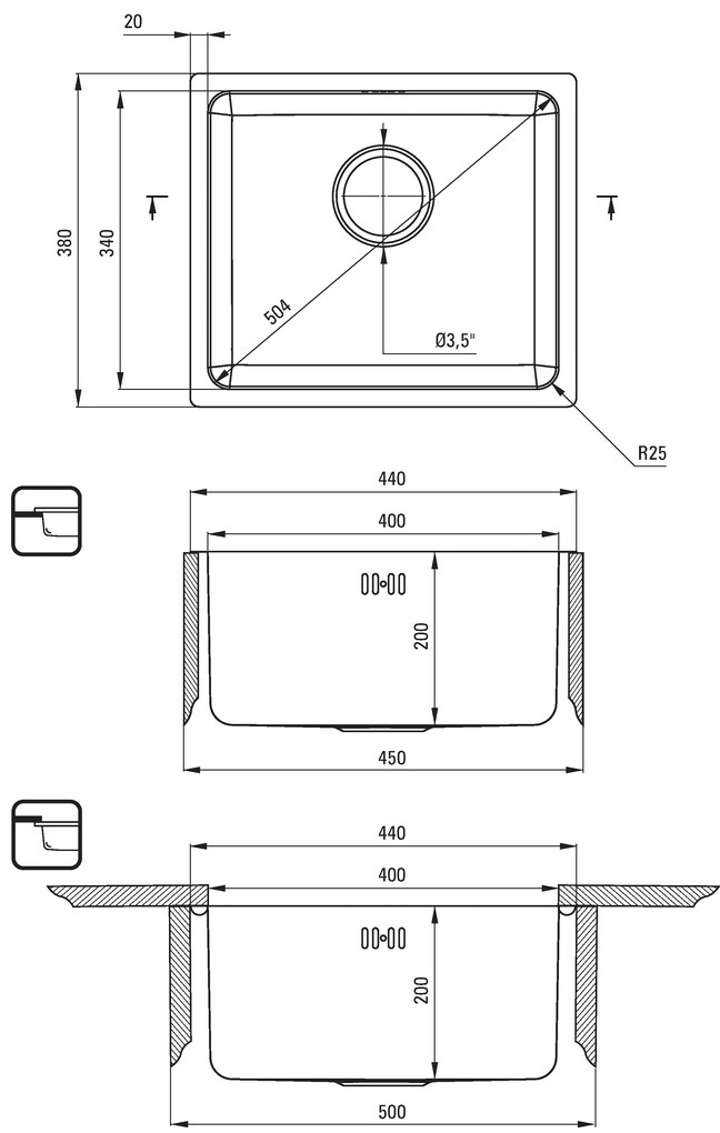 Deante Egeria, nerezový drez pod dosku 1-komorový B/O 380x440x200 3,5" + priestorovo úsporný sifón, vzor satyna, ZPE_010A