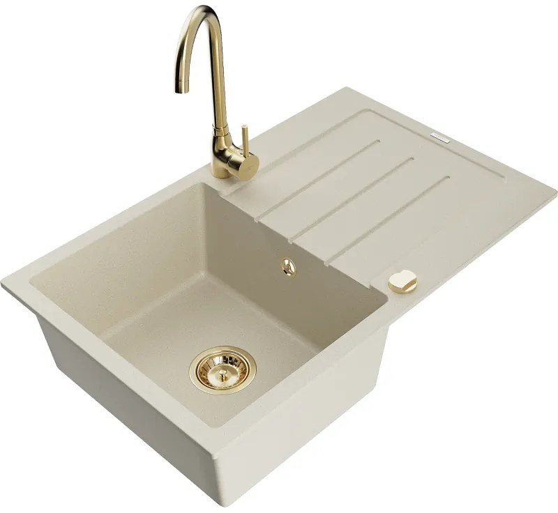 Mexen Bruno, 1-komorový granitový drez s odkvapkávačom 795x495x200 mm a zlatá kuchynská batéria Telma, béžová, 6513-69-670200-50