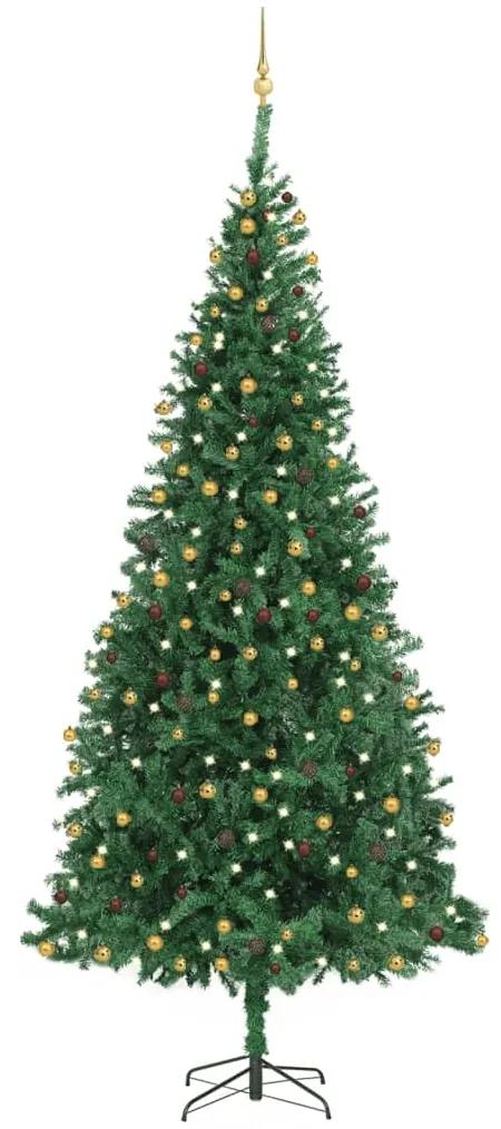 Umelý vianočný stromček s LED a súpravou gulí zelený 300 cm 3077788
