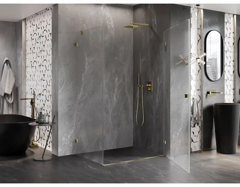Mexen Lunar-B, pravostranný výklopný sprchový kút 85 x 80 cm, 8mm číre sklo, zlatý profil, 832-085-080-50-00-P