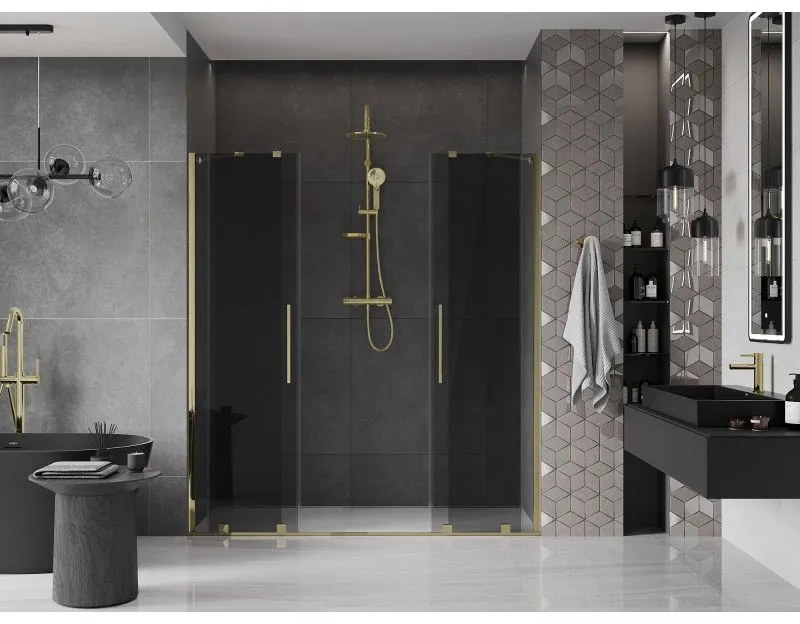 Mexen Velar Duo, posuvné sprchové dvere do otvoru 180 cm, 8mm šedé sklo, zlatá lesklá, 871-180-000-42-50