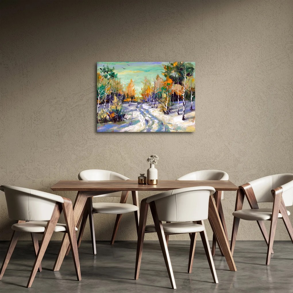 Obraz - Zasnežená cesta lesom, olejomaľba (70x50 cm)