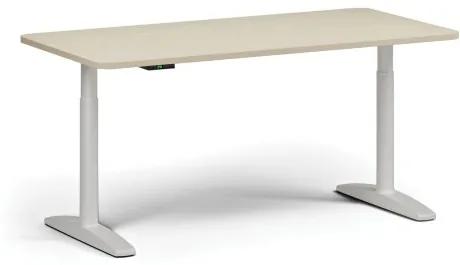 Výškovo nastaviteľný stôl OBOL, elektrický, 675-1325 mm, zaoblené rohy, doska 1600x800 mm, biela zaoblená podnož, breza