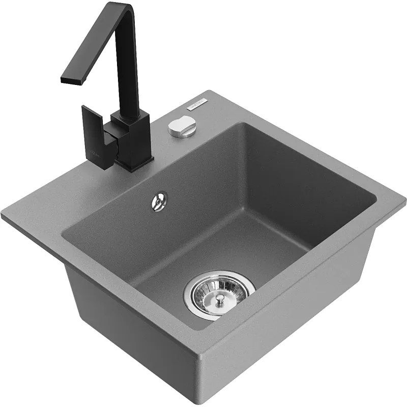 Mexen Milo, 1-komorový granitový drez 435x410x171 mm a čierna batéria Rita, šedá, 6505-71-670300-70